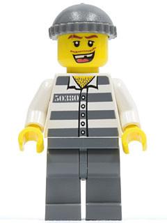 LEGO Minifigure-Police - Jail Prisoner 50380 Prison Stripes, Dark Bluish Gray Legs, Dark Bluish Gray Knit Cap, Missing Tooth-Town / City / Police-CTY253-Creative Brick Builders